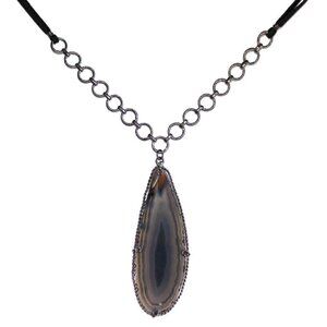 Rustic Geode Slice Black Leather Cord Gun Metal Chain Teardrop Pendant Necklace